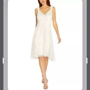 ADRIANNA PAPELL 3D Embroidered V-neck High-Low Dress in Ivory Size 8